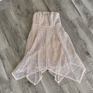 Lulu’s Beige Crochet Overlay Strapless Dress with Asymmetrical Flouncey Skirt